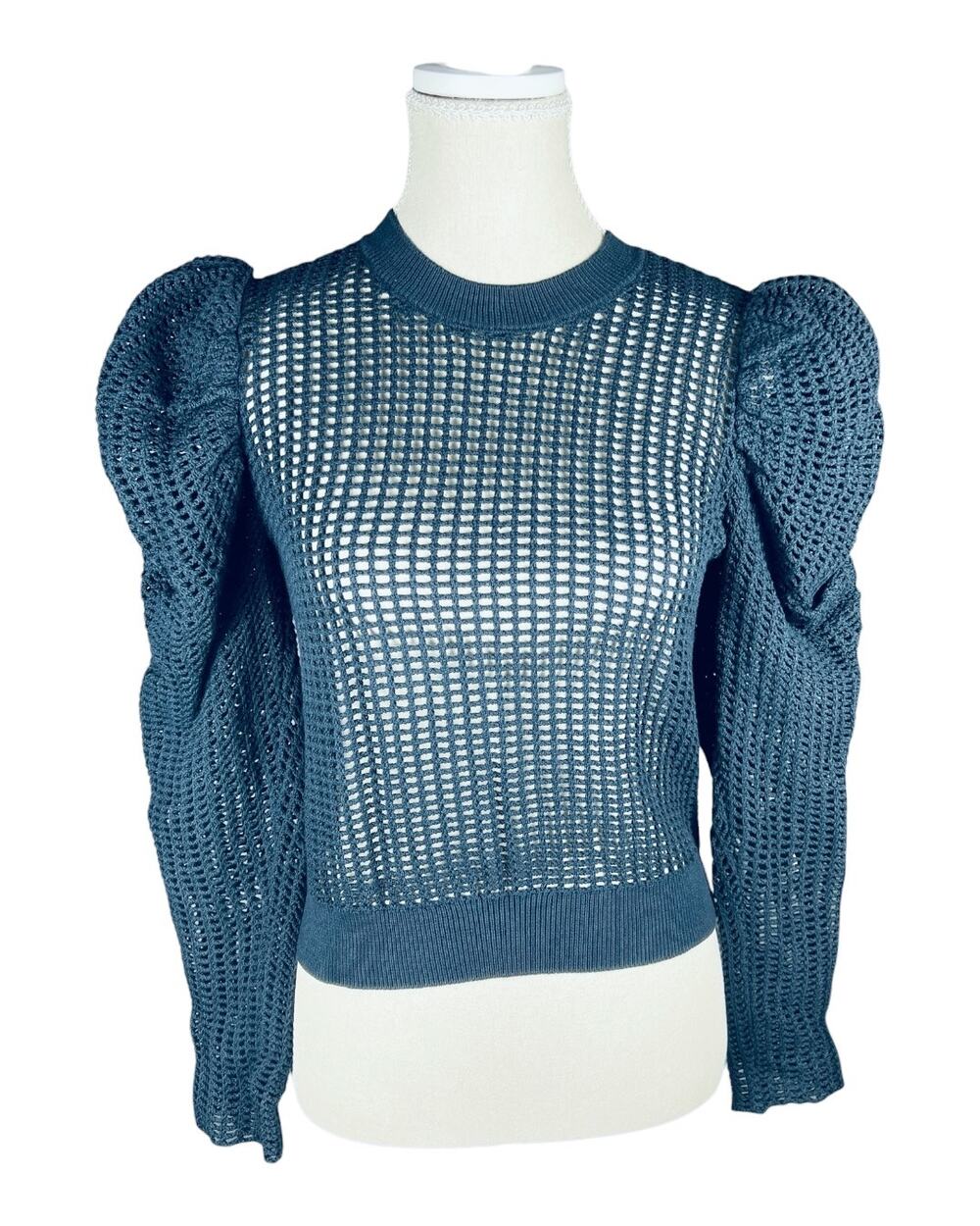 Ulla Johnson Delaney Slate Blue Open Knit Puff Sleeve Cotton Sweater Size S